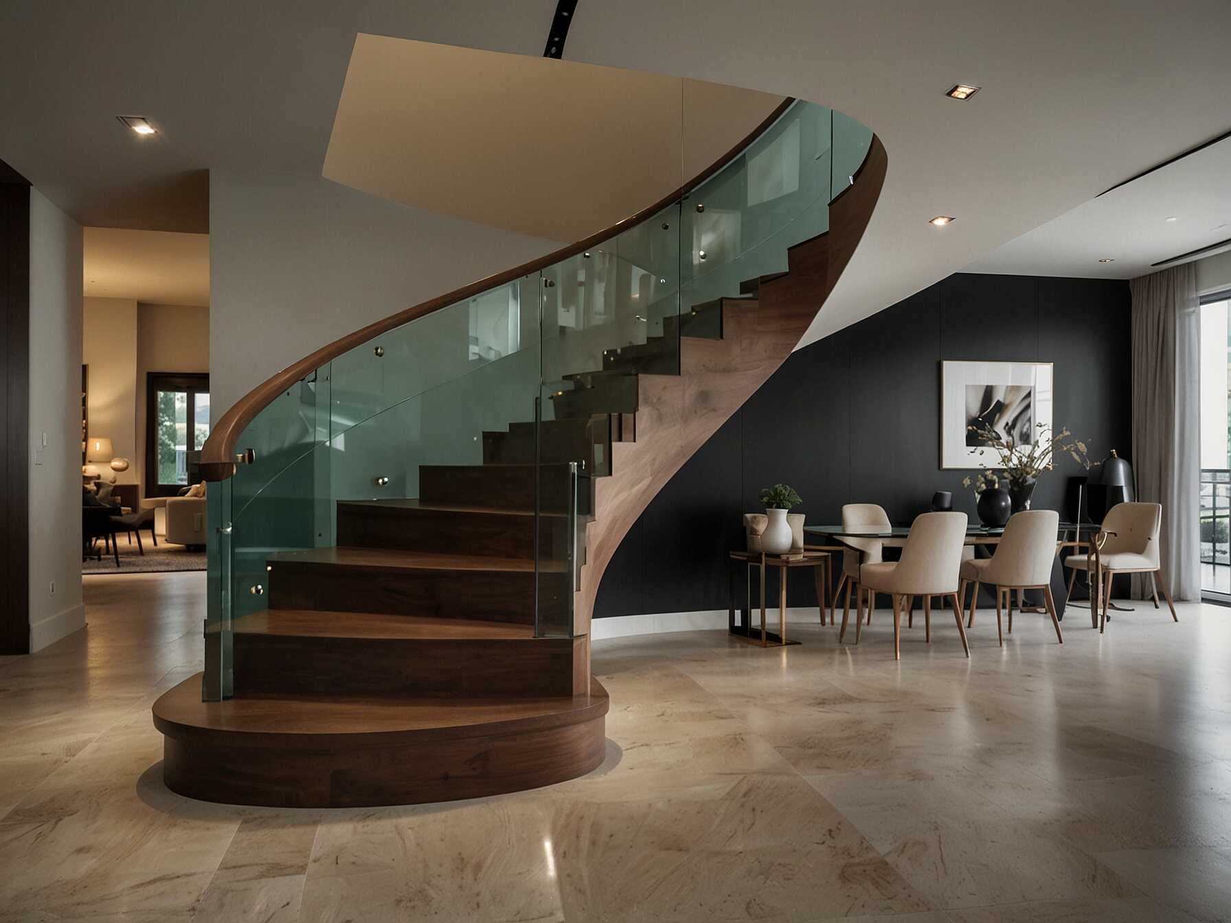 A curved staircase adds a touch of luxury to your home. Its gentle curve can make a grand entrance to your upper floors. This design works well with both traditional and modern interiors.  
