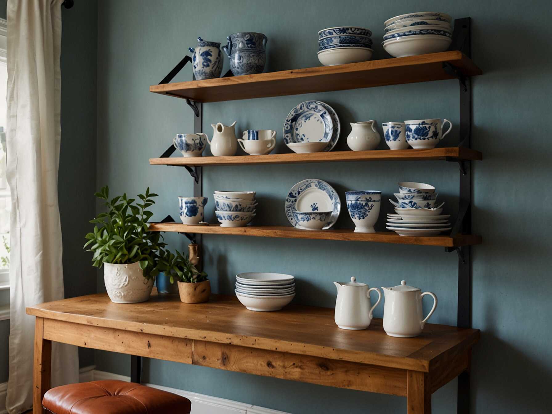 Install open shelves to display your favorite dishes and decorative items. This makes your dining room feel more personal and lived-in.  
