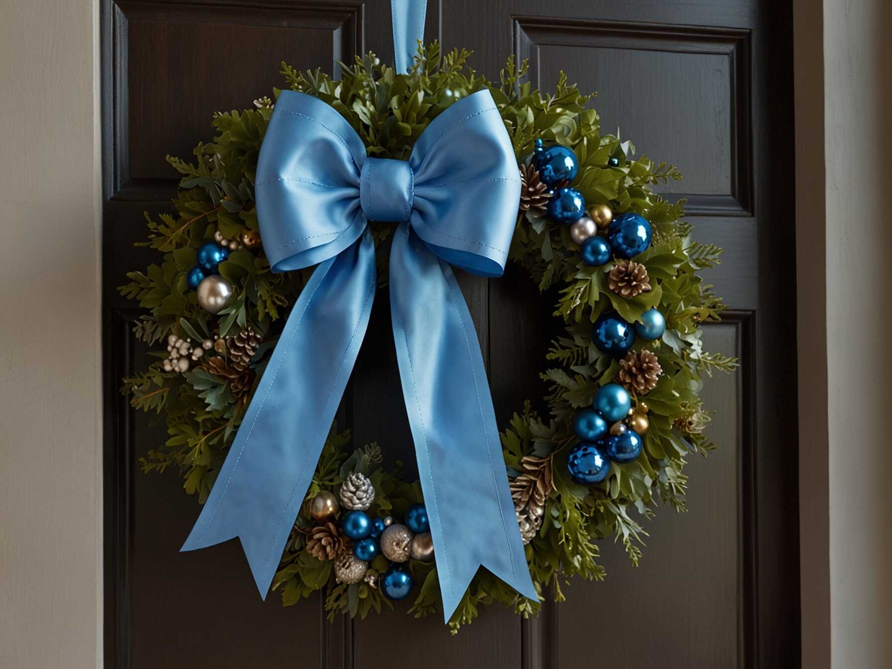  Add large blue bows to your wreath for a timeless look. Use satin or velvet ribbons to add a touch of elegance.  Mix in some silver or white ornaments to make it pop. The color combination looks fresh and festive.  Hang it on your door to greet guests with style. Classic blue makes everyone feel the holiday spirit.  