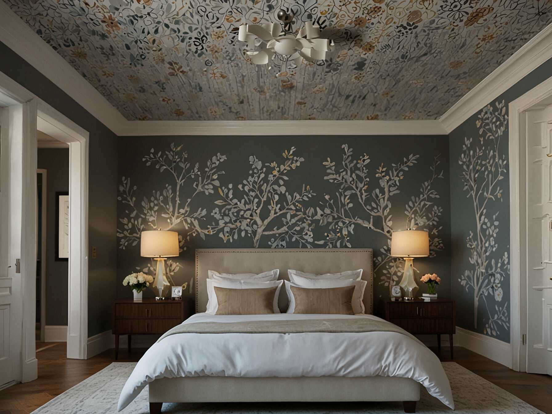 Paint or wallpaper the ceiling with a unique design. A feature ceiling can be a surprising and bold element in your bedroom decor.  